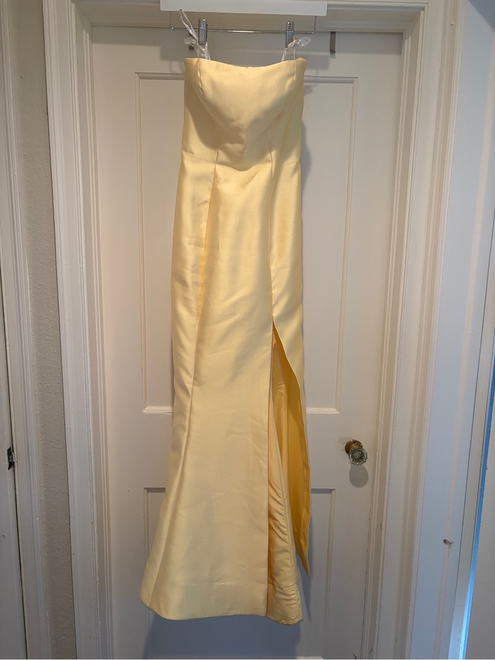 Sherri Hill Strapless Butter Yellow Satin Gown with Front Slit